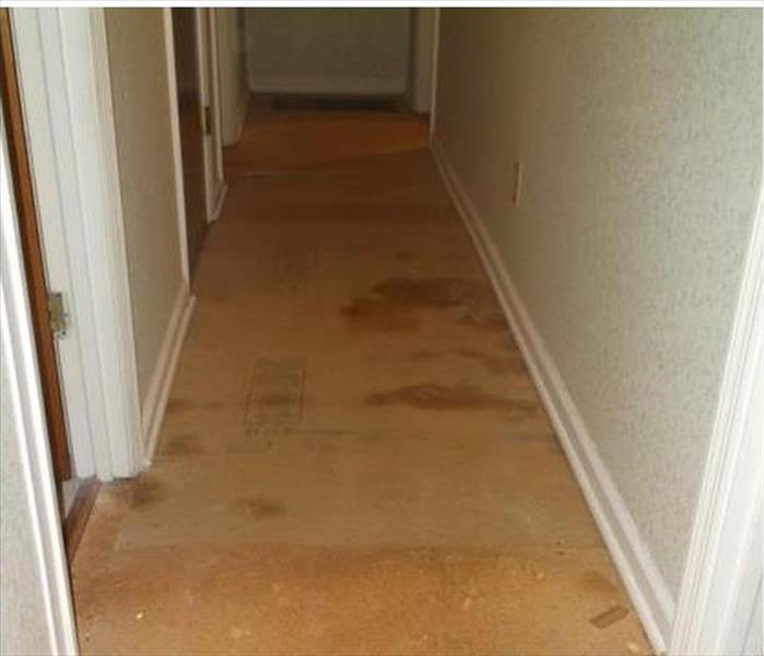 water soaked blondish hardwood flooring in hallway