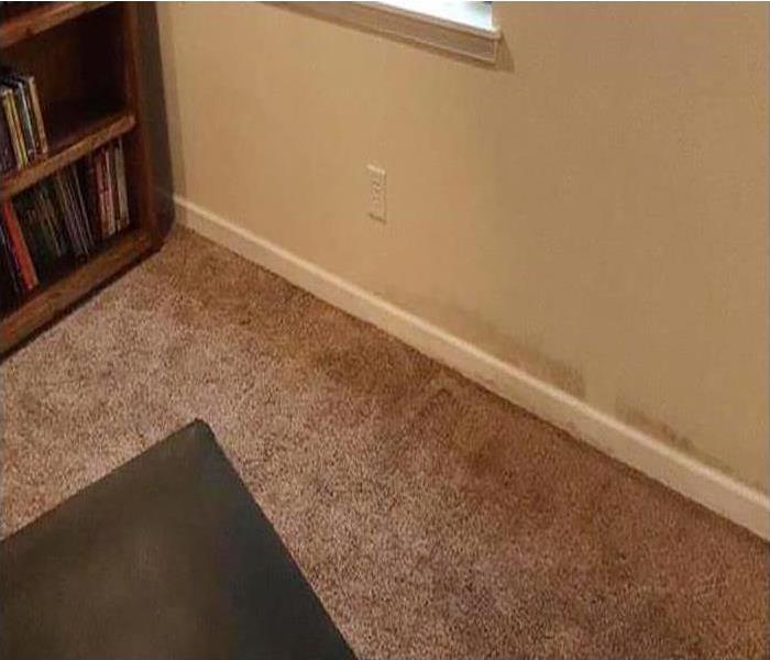 water damaged stains on wall and carpet