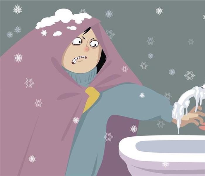 cartoon, cold man and frozen sink faucet